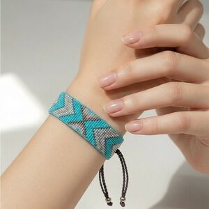 Handcrafted Beaded Miyuki Bracelet in Turquoise and Gray